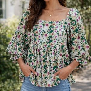 entro Green Floral Square-Neck Peasant Top with Pink Centers Size S